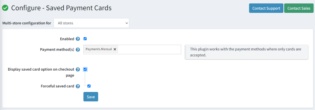 saved payment cards configure